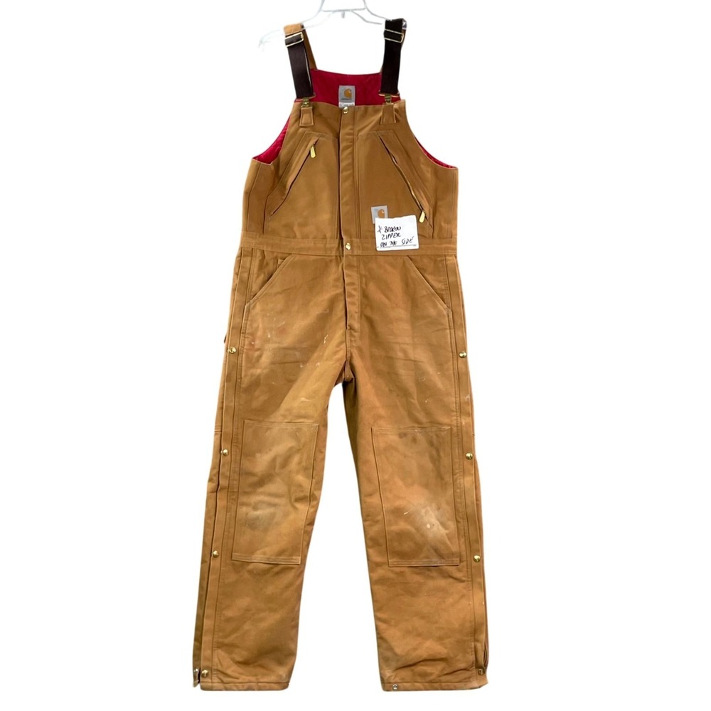 Carhartt Bib Overalls Mens 41x28* Brown Canvas Quilt Lined Double Knee Workwear